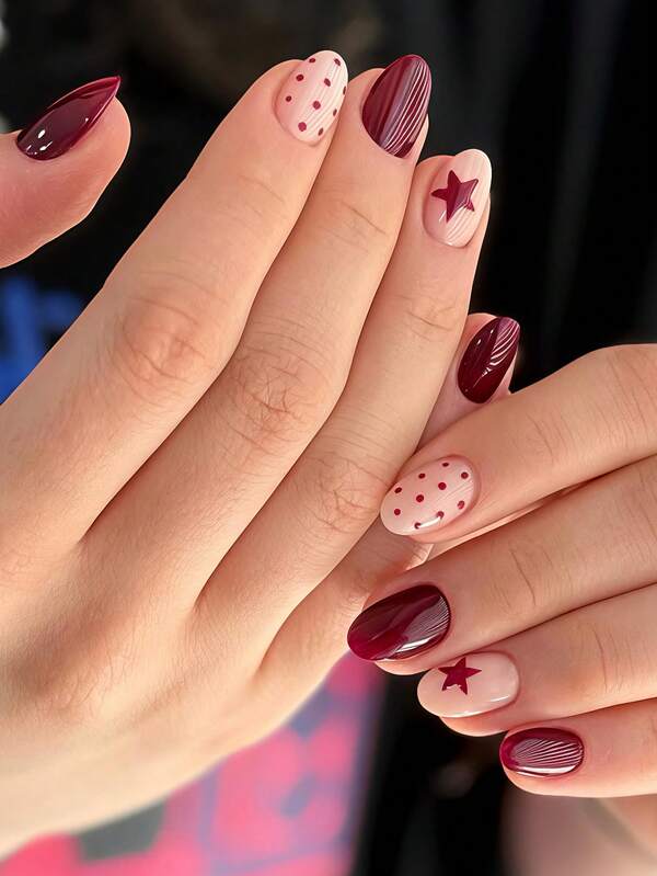 24pcs Burgundy Minimalist Star & Dot Pattern Short Oval False Nails, Suitable For Daily Decoration & Matching