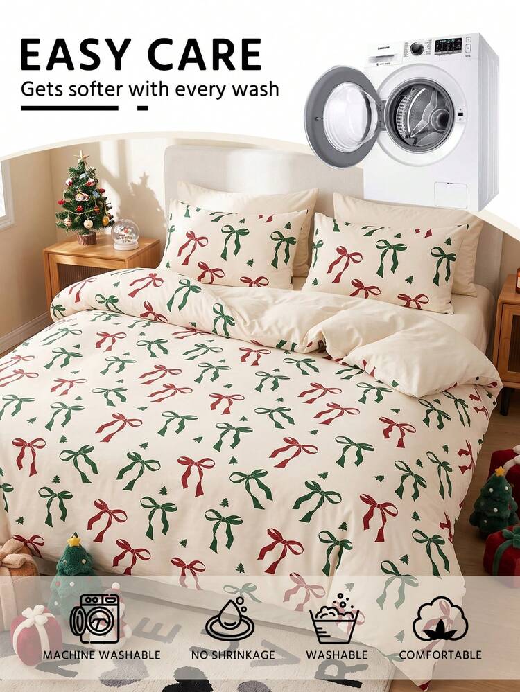 2/3pcs Christmas Bow Duvet Cover Set, Christmas Bedding, Cozy Christmas Room Decor, Skin-Friendly Breathable, Ultra-Soft Anti-Pilling Duvet Cover With Pillowcases, No Duvet Insert, Suitable For Twin/Full/Queen/King Bed, All-Season Home Textiles, Machine Washable - Multicolor - View 4