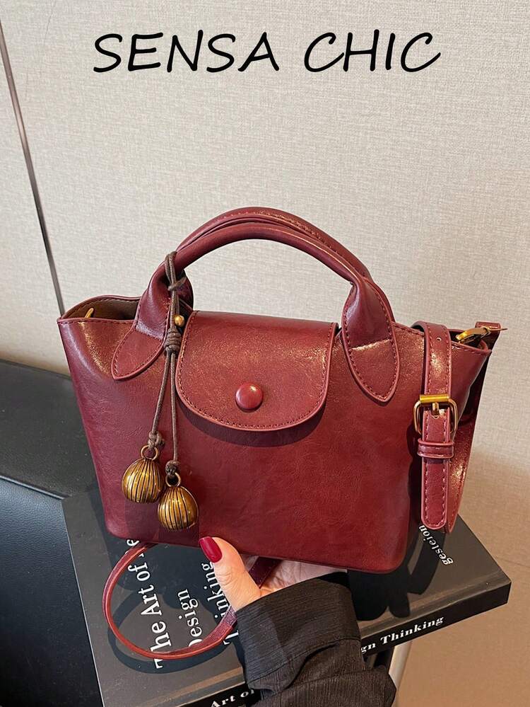 Solid Color Oil Wax Distressed Texture Handbag With Flap Snap Closure, Short Top Handle And Detachable Adjustable Long Crossbody Strap, Compact Size For Work, Commute, Shopping, Dating And Short Trips - Burgundy - View 8