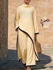 Bump Style Maternity 2-Piece Outfit Beige: Non-Stretch Long Sleeve Top & Wide Leg Pants With Contrast Trim - Apricot - View 7
