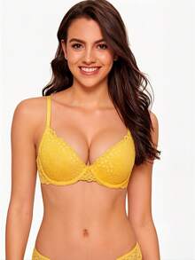Women's Yellow Lace Push Up Bra Padded Molded Cups Convertible Cross Back Sexy Deep V Bralette Lingerie - Yellow - View 3