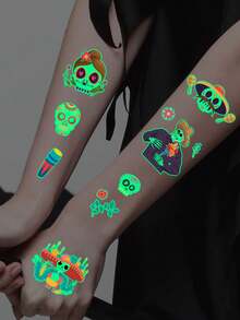 10 Sheets, Mexican Day Of The Dead Series Temporary Tattoo Stickers, Glow-In-The-Dark, Luminous Light Up In The Dark, Body Art Waterproof Fake Tattoo Stickers - Multicolor - View 4