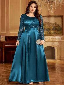 Sequin Lace Colorblock Satin Ruffle Hem Elegant Ball Gown, Formal Dress For Prom, Valentine's Day, Wedding Guest, Birthday, Homecoming, Formal Occasion, Holiday - Dusty Blue - View 4