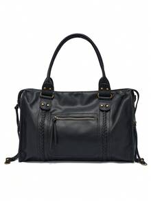Dedoo Handbag Solid Color Synthetic Leather Braided Detail Front Pocket Vintage Style Daily Use For Women - Black - View 2