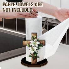 Cross With White Lily Wooden Paper Towel Holder, Rustic Religious Table Decor For Kitchen Counter, Dining Table, Living Room Side Table, Cabinet Countertop, Decorative Countertop Paper Roll Stand, Faith‑Themed Home Tabletop Ornament - Multicolor - View 3