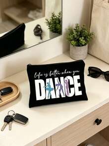 Large Capacity Black And White Striped Tote Bag With "DANCE" Lettering, Foldable Canvas Shoulder Bag, Striped Tote Bag, Includes A Cosmetic Pouch. - Multicolor - View 6