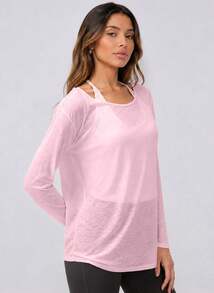 Never me Women's Sports T-Shirt Round Neck Long Sleeve Loose Fit Cover-Up With Back Cross Split Drawstring Yoga Casual Commute Top - Pink - View 6