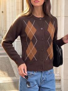 Women's Vintage Argyle Knit Cardigan, Brown Long Sleeve Round Neck Front Button Short Sweater, Autumn/Winter - Coffee Brown - View 1