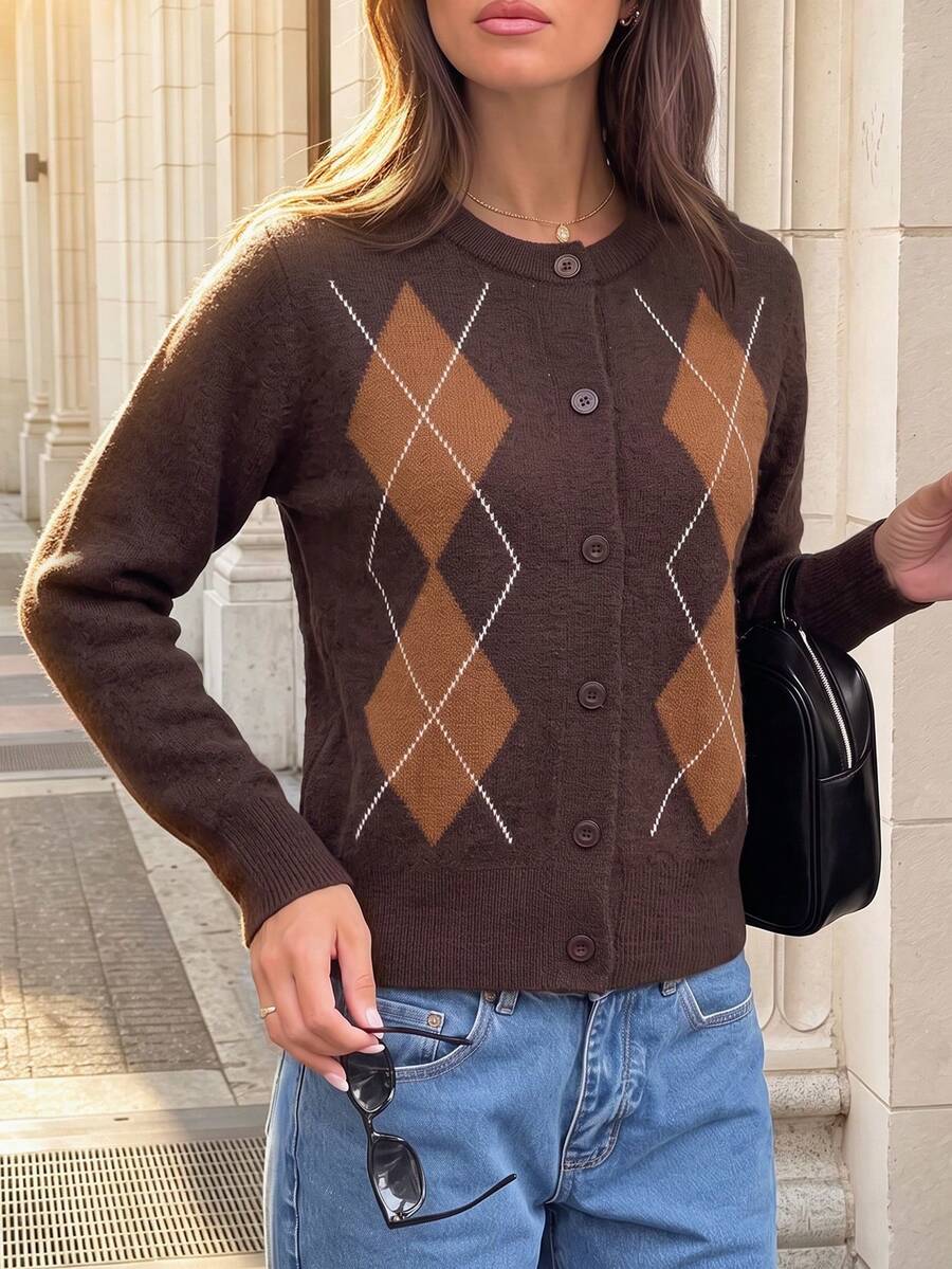 Women's Vintage Argyle Knit Cardigan, Brown Long Sleeve Round Neck Front Button Short Sweater, Autumn/Winter - Coffee Brown - View 1