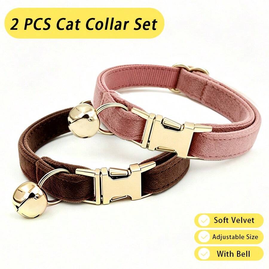 2pcs Velvet Pet Collar Set, Soft Skin-Friendly With Bell, Metal Buckle, Adjustable Vintage Neck Collar, Suitable For Cats And Small Dogs, Valentine's Day Easter Holiday Dress-Up Accessory - Champagne Pink & Brown - View 1