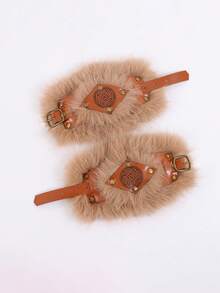 1 Pair Viking Style Faux Fur Wrist Cuffs With Celtic Knot, Medieval PU Leather Bracers, Suitable For Renaissance Fair, Halloween Cosplay - Hand Decorations - View 3