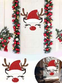 1 Set Cute Christmas Felt Door & Window Sticker Decoration Kit - Reindeer, Snowman, Santa Claus, Snowflake, Christmas Tree And "Merry Christmas" Text Design - For Holiday Home Decor, Creating Festive Atmosphere And Seasonal Celebration (Includes Adhesive Dots) - Multicolor - View 5