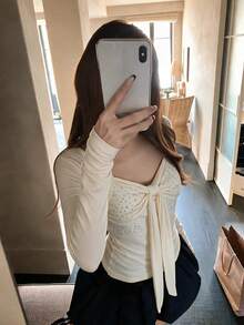 Minimalist Sexy Square Neck Rhinestone Bow Long Sleeve T-Shirt Women Early Spring Hot Girl Sweet Cool Slim Fit Flattering Base Layer Top - Apricot - View 7