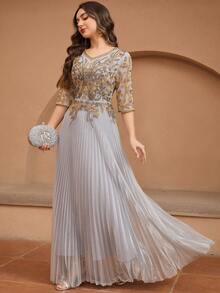 JINLICX Light Grey Gold Beaded Pleated Maxi Dress V Neck Half Sleeve Luxury Flowy Evening Gown For Wedding Guest Banquet - Silver - View 5