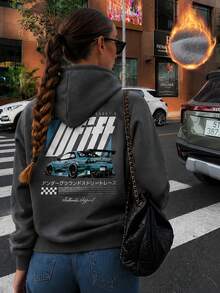 女款秋冬灰色新款時尚賽車印花休閒衛衣，保暖內裡，百搭日常穿搭 - 深灰色 - 查看 3