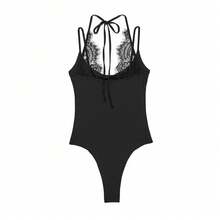 Camellia New Summer Women's Fashion Sexy Contrast Lace Halter Bodysuit Black - Black - View 3