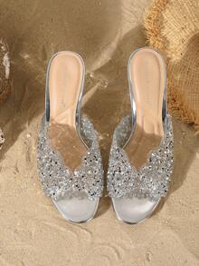 On feet& in love Women's Summer Fashion Elegant Rhinestone Open Toe High Heel Sandals, Versatile Commuter High Heel Slippers, Suitable For Matching With Dresses - Silver - View 6