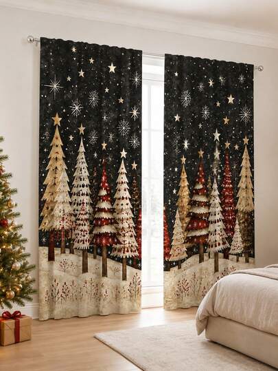 2pcs Minimalist Luxury European Style Christmas Print Curtains - Vintage Black Background Christmas Forest Christmas Tree Pattern, 100% Polyester Light Filtering Rod Pocket Curtains, Suitable For Living Room And Bedroom, Hand Washable And Machine Washable, Rod Not Included, Living Room Christmas Curtains, Holiday Window Decor, Luxurious Touch, Decorative Jacquard