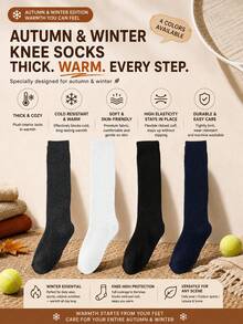 1Pair Simple Men Solid Color Knee High Sports Socks, Ribbed Cuff Thick Warm Heat Retaining Calf Knit Socks, Stretch Fit Wear Resistant Ins Outdoor - Multicolor - View 5