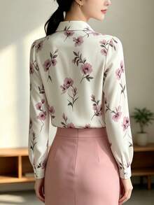 YUXIN 女款現代全花卉印花襯衫，長袖領口鈕扣開襟上衣，適合秋季日常街頭穿著與度假 - 粉色 - 查看 9
