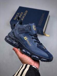 Men's Navy High‑Top Air Cushion Sneakers, Faux Leather Spliced Shock‑Absorbing Non‑Slip Outdoor Running Shoes - Navy Blue - View 4