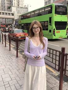 春夏V領防曬層搭百搭長袖女款T恤上衣 - 淡紫色 - 查看 5