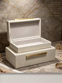 2pcs Large And Small Litchi Texture PU Leather Jewelry Box With Lid, Cream White Rectangular, Matte Gold Zinc Alloy Bar Handle, Luxury Jewelry Storage Box, Vanity Bedroom Room Decor Holiday Gift - Off White - View 3