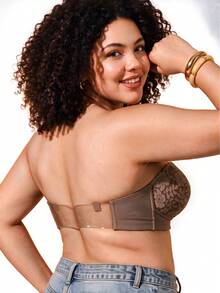 1pc Women's Plus Size Bandeau Bra, Lace Cup, Ruched Design, Front Closure Invisible Strap Bra, Comfortable Lift, Seamless Fit - Mocha Brown - View 8