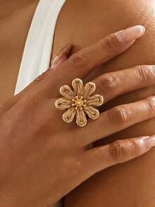 1pc Bohemian Vacation Style Raffia Straw Coffee Color Flower Ring, Suitable For Women Beach Outing Daily Outfit Matching Versatile Accessory - Brown - View 1