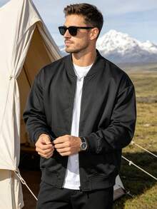 Men's Casual Polyester Jacket, Autumn Outerwear, Vintage Design, Holiday Aviator Jacket - Perfect For Daily Wear And Vacation - Black - View 4