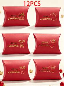 12PCS/Christmas Pillow Gift Boxes, Red Paper Favor Boxes With Gold Foil Stamping, 4.33*2.76 Inch Xmas Cartoon Treat Boxes For Candy Cookie Holiday Gift Packaging - View 13