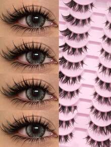 10 Pairs Of Natural False Eyelashes, Exquisite Artificial Eyelashes, Invisible Natural Transparent Stems, Essential For Makeup Travel, Easy To Wear, Suitable For Beginners, Suitable For All Places, Eyelashes, False Eyelashes - Black - View 2