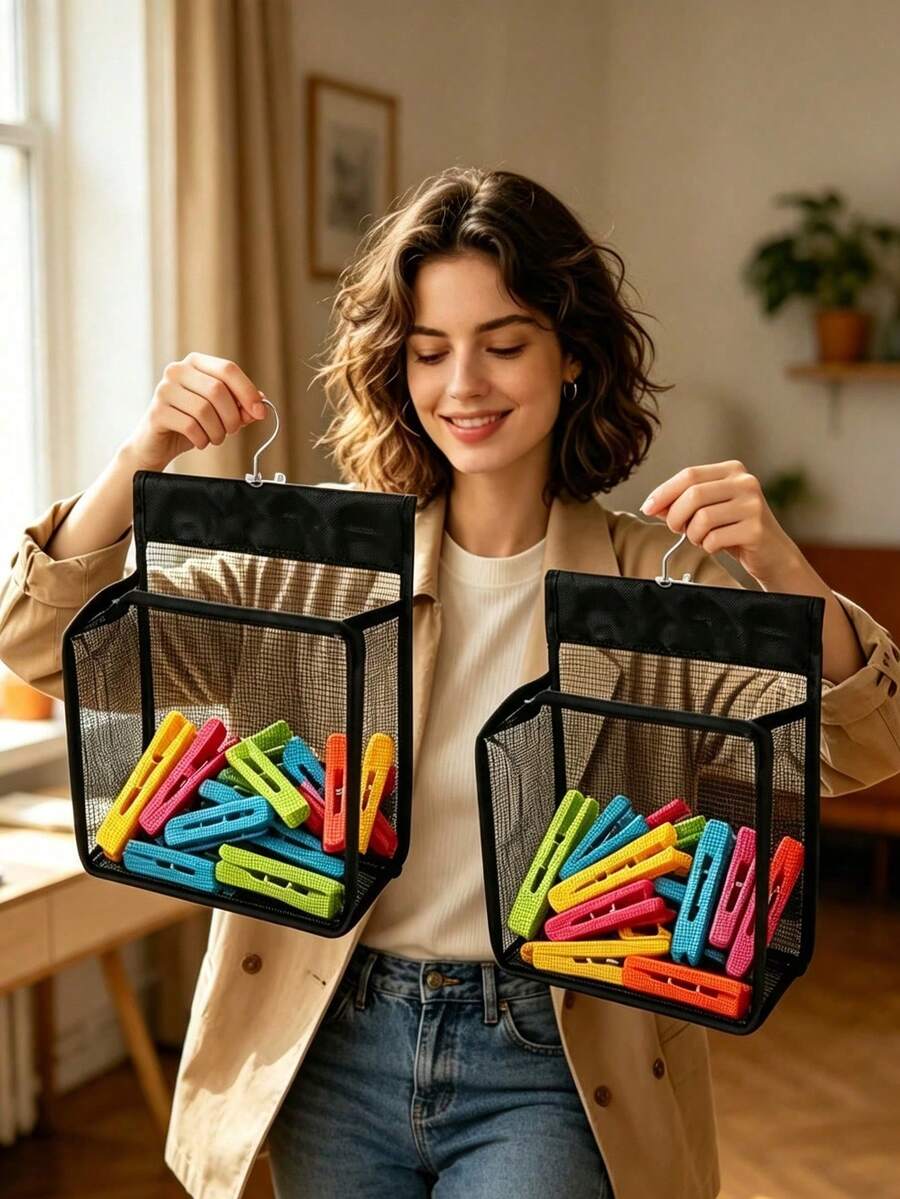 1/2pcs Mesh Storage Bag With Hook, Hanging Storage Basket, Mesh Bathroom Storage Basket, Multi-Functional Wall-Mounted Storage Rack, Suitable For Laundry Room Clothes Clips And General Home Storage - Multicolor - View 1