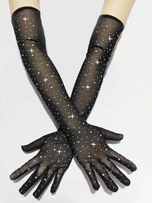 1 Pair Women's Arm Sleeves, Fashionable Rave Vintage Mesh Black Elastic Rhinestone Gloves, Rave Outfit Accessories, Shiny Party Performance Arm Sleeves, Summer UV Protection Mesh Arm Sleeves,Festival,Camping - A - View 17