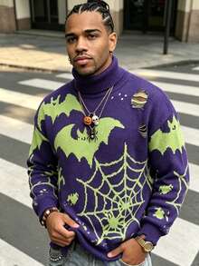 ANDREILEE Men's Halloween Sweater, Fashion Casual Bat Spider Web Funny Pattern Tassel High Neck Long Sleeve Loose Ribbed Pullover Knit Top, Autumn/Winter - Blue - View 5