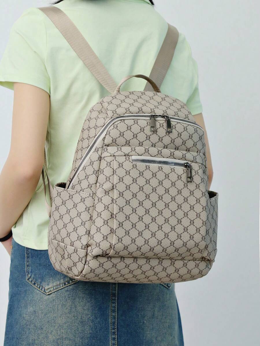 1pc Letter Print Women Backpack, Large Capacity Casual Daypack, Multi‑Pocket Design Travel School Backpack - Khaki - View 1
