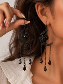 1 Pair Fashion Dark Personalized Crescent Moon Water Drop Faux Crystal Chain Long Tassel Earrings For Women, Suitable For Daily Commute, Party, Banquet, Halloween - Gun Black - View 2