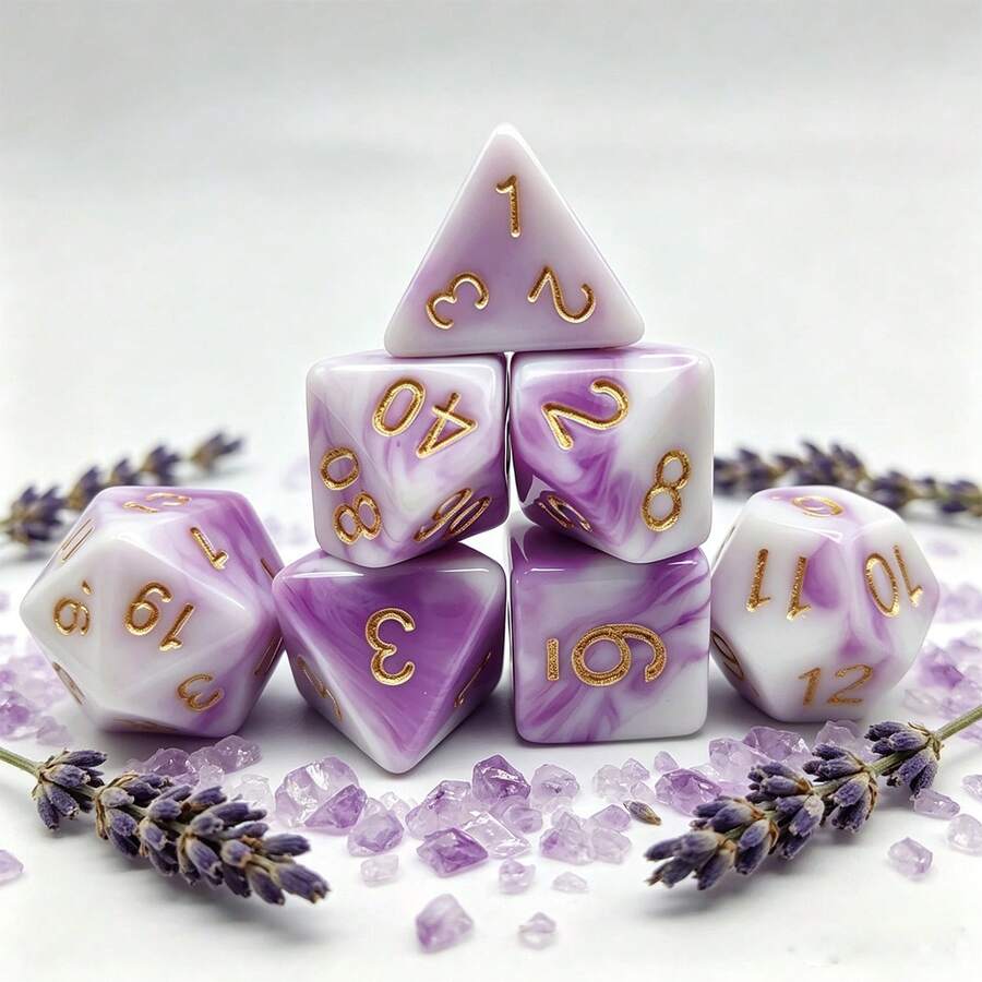 Set Dadu Berwarna Ungu Putih Berbentuk Kabut Awan dan Giok Imitasi, 7 Buah - Mauve Purple - View 1