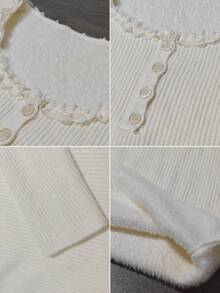 Sweater Rajut Lengan Panjang Kancing Patchwork Renda Gaya Minimalis Seksi Musim Gugur/Dingin Hangat Leher Bulat Lengan Panjang untuk Wanita Desain One-Piece Musim Gugur - Aprikot - View 11