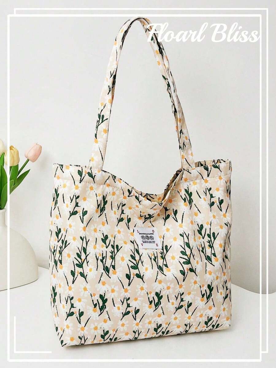 Fresh Colorful Floral Contrast Fabric Large Capacity One Shoulder Tote Bag - White - View 1