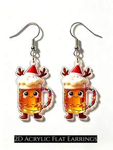 2D Cute Christmas Beer Mug Dangle Earrings, Cartoon Wine Glass With Christmas Hat And Deer Antlers Acrylic Pendant Earrings, Fun Christmas Party Women's Jewelry Gift - Christmas Beer Mug - View 5