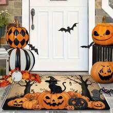 Lpc, A Cute Halloween Doormat Featuring A Black CatAnd A Pumpkin With A Wizard Hat, Designed WithContrasting Colors. It Is A Non-Slip Mat Suitable ForEntryways, Soft And Absorbent For Bathrooms - C - View 8
