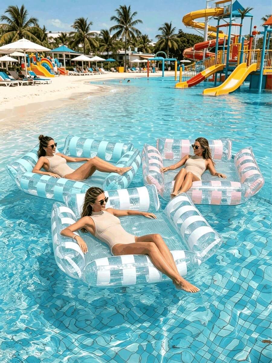chongqishuishangfuchuang 1pc Inflatable Floating Mat, Transparent Sequin Design, Dual-Tube Air Bed With Air Tube, Foldable Water Pool Float, Multi-Functional Swimming Pool Floating Adult Vacation Entertainment Relaxation, Inflatable Floating Device, Inflatable Float, Water Inflatable Equipment, Air Pump Sold Separately - 4-tube Transparent Stripe - View 1