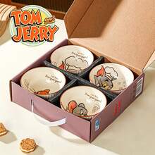 TOM AND JERRY. 1/4件裝乳白色直條紋卡通貓鼠正宗陶瓷碗，柔和可愛印花設計，居家餐具，耐熱易清洗，適用於米飯/湯品/麵條/甜點 - 彩色 - 查看 3