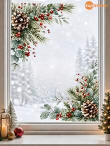 SupSticker 1PC Christmas Window Clings, Reusable No-Glue Static PVC Decals, Pine Branch Red Berry Pinecone Decor For Home Office Shop Glass Doors - IPC - View 2