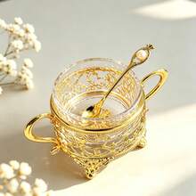Gold Hollow Heart-Shaped Filigree Sugar Jar Set With Ginkgo Lid And Pearl Decorated Spoon, Detachable Transparent Glass Sugar Jar, Dual Handle Design, European Luxury Coffee Tea Sugar Jar, Suitable For Kitchen Countertop And Afternoon Tea Table Decoration - Gold - View 4