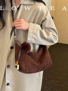 low tea 1pc Minimalist Crescent-Shaped Suede Fabric Shoulder Bag, Suitable For Commuting, Shopping, Etc. (With Pendant) - Coffee - View 10