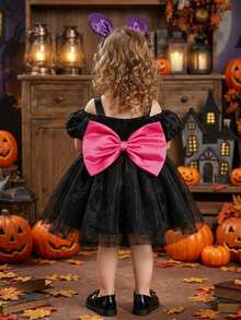 Baby Girls Big Bow Design Black Organza Cute Halloween Party Princess Dress Suitable For Ball, Does Not Include Headband And Handbag - Multicolor - View 2