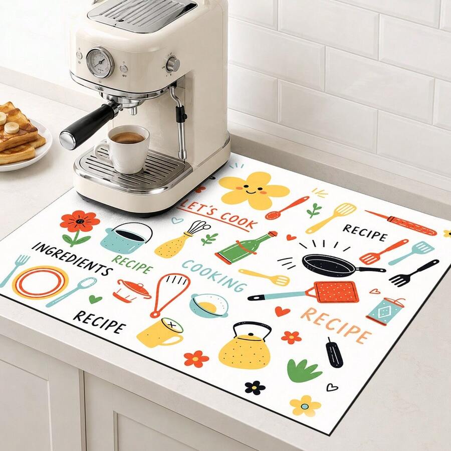 1pc White Colorful Floral Pattern Kitchen Absorbent Drying Mat, Fresh And Fun Style, Suitable For Kitchen Countertop, Coffee Machine, Dining Table And Daily Home Decor - Multicolor - View 1