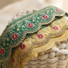 1/5碼 5.5公分寬刺繡亮片蕾絲飾邊－鮮黃、綠、白多色花卉圖案－適用於DIY帽子飾帶、領帶、窗簾裝飾及手工縫製項目 - 多色E - 查看 9